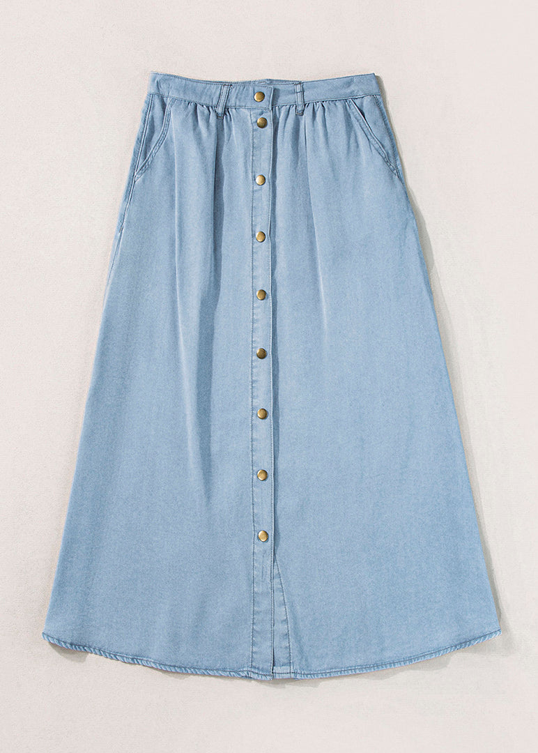 Pockets Waist High Denim Summer Skirt Light Italian Blue