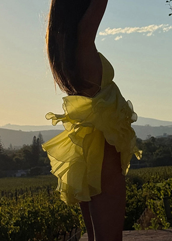 Mid Spaghetti Backless V Italian Patchwork Neck Strap Yellow