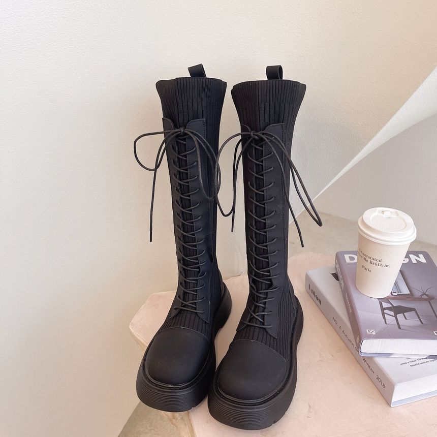 Platform Lace-Up Knit Panel Boots Tall