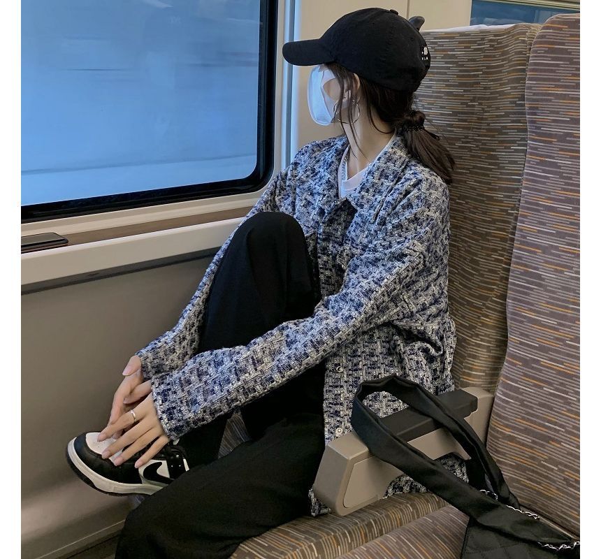 Long-Sleeve Tweed Plaid Shirt Jacket