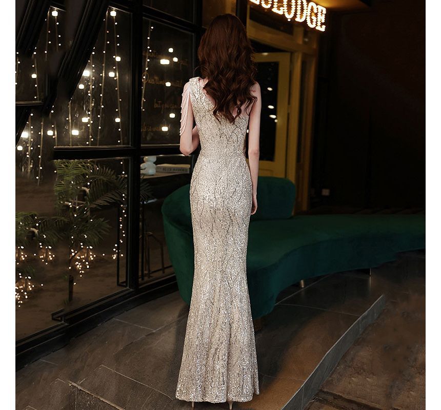 Evening Dress Sequin Mermaid Maxi Sleeveless One-Shoulder
