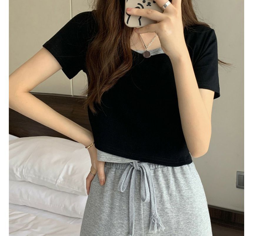 Scoop Two Piece Neck Mock Short-Sleeve Tee