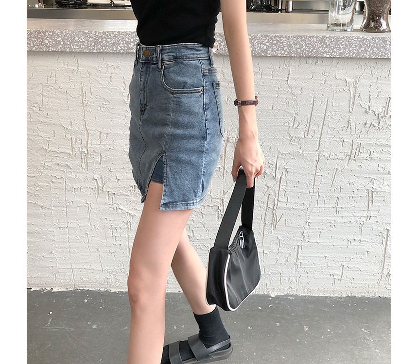 High Waist Slit Denim Mini Pencil Skort