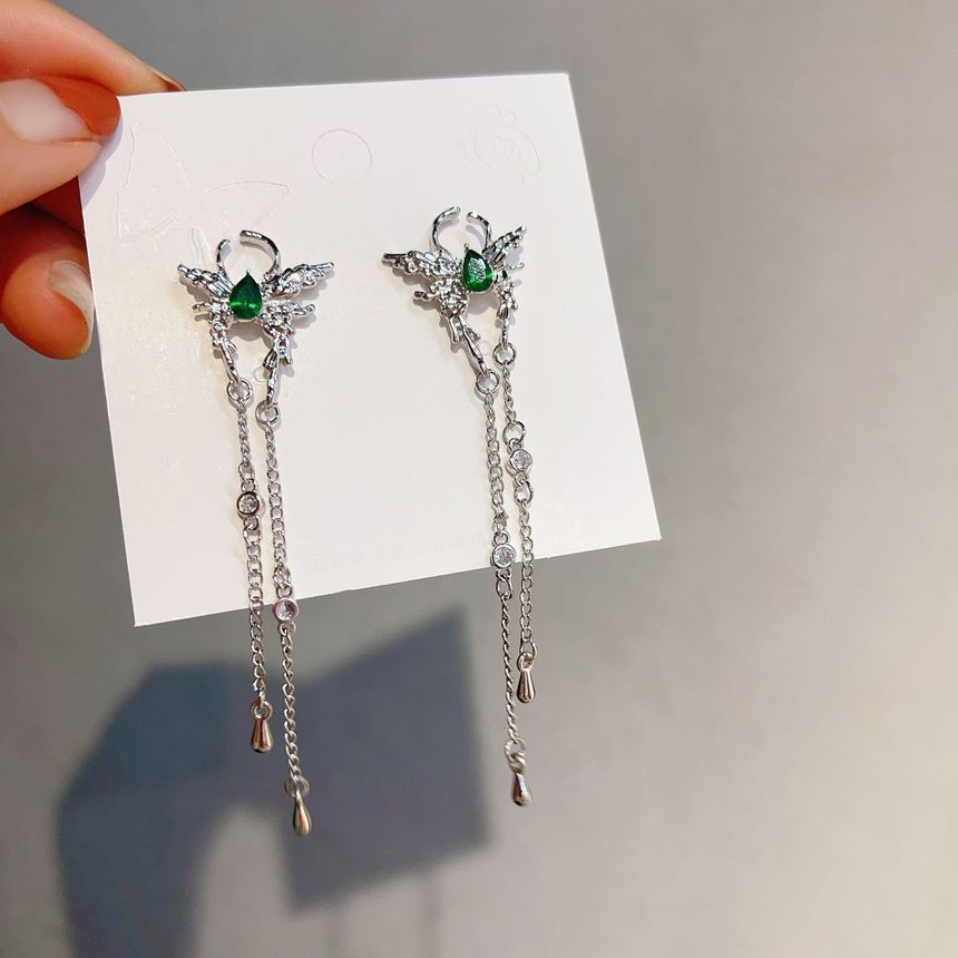 Fringed Alloy Rhinestone Butterfly Earring