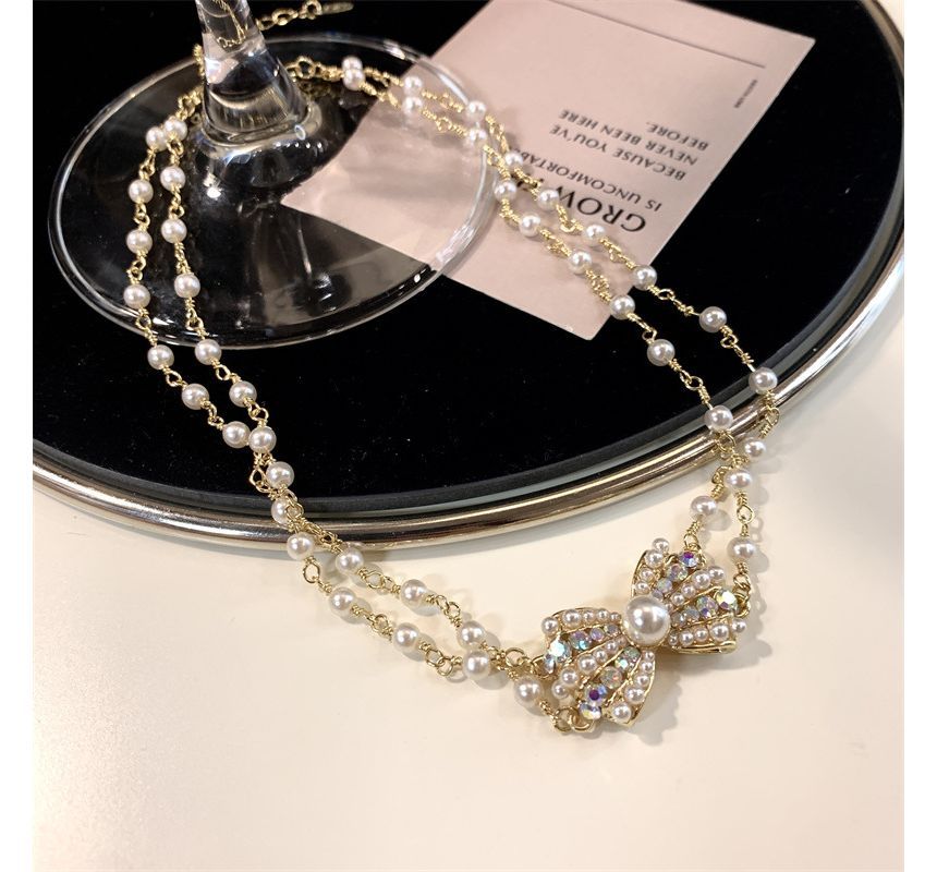 Bow Layered Choker Faux Pearl Alloy