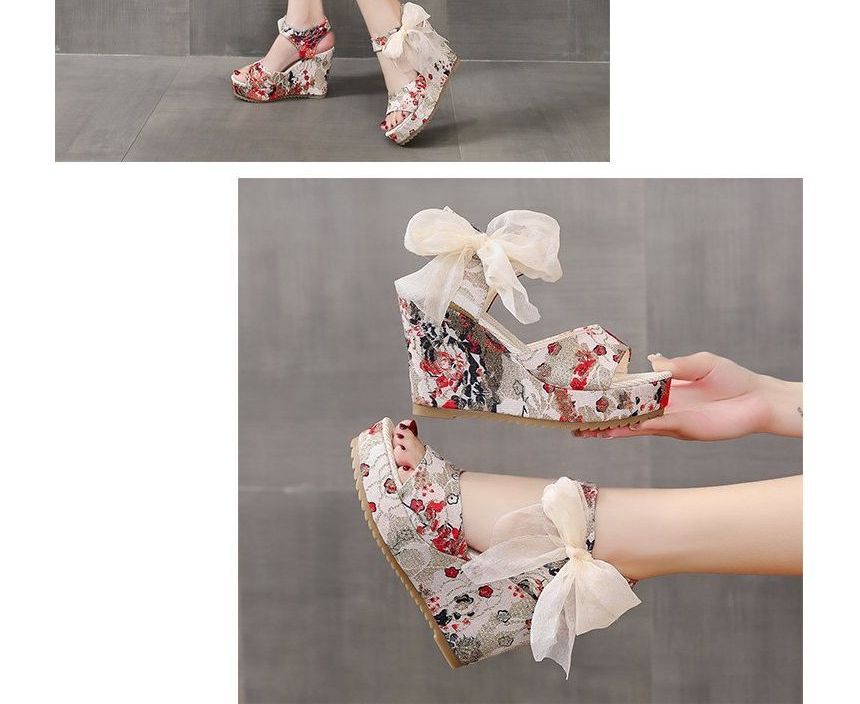 Wedge Floral Bow Heel Platform Sandals