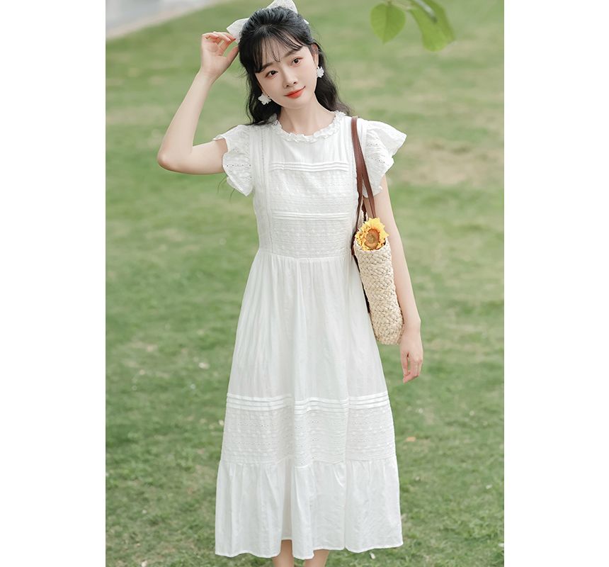 Sleeveless Crew Neck Plain Ruffle Midi A-Line Dress