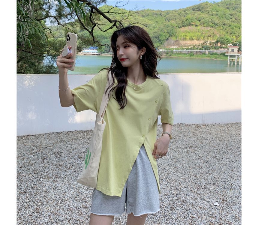 Neck Plain Crew Short-Sleeve Tee Side-Slit