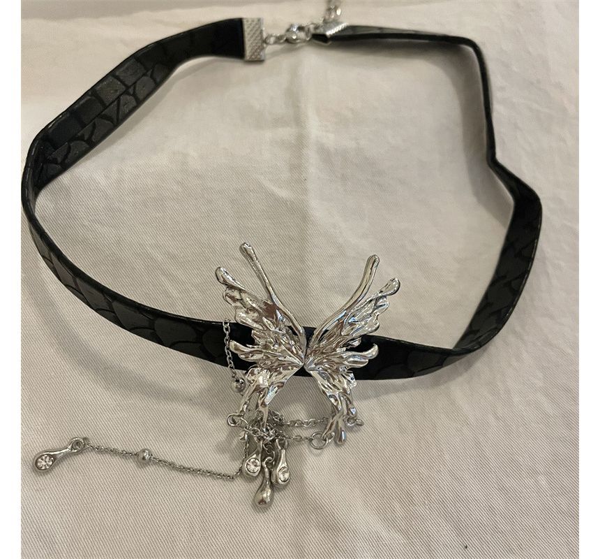Choker Rhinestone Leather Butterfly Fringed Faux