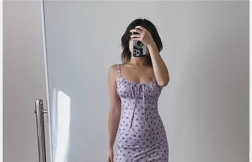 Neck Floral Bodycon Strap Scoop Midi Dress Ruched Spaghetti Print