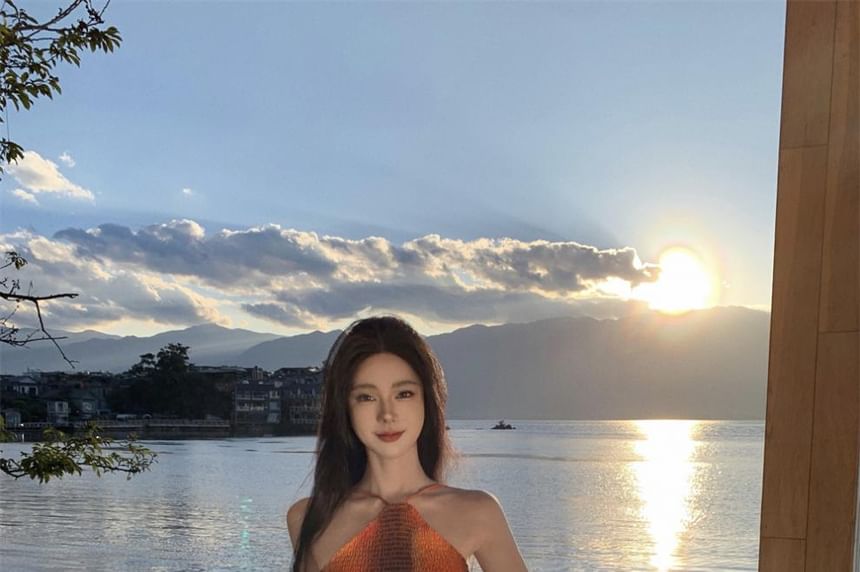 Halter Neck Open Dress Tie Smocked Maxi Back Dye A-Line