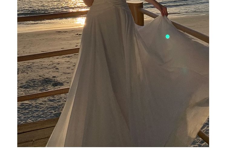 Plain Neckline A-Line Spaghetti Strap Dress Maxi Sweetheart