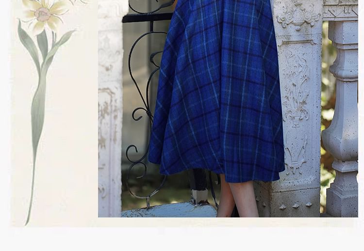 Balloon Sleeve Mock Neck Plain Sweater / High Waist Plaid Midi A