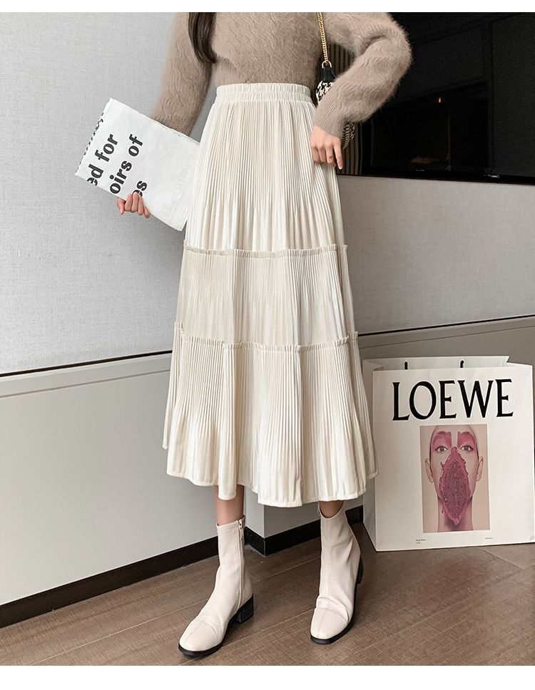 Tiered Plain Midi Waist A-Line Elastic Velvet Skirt