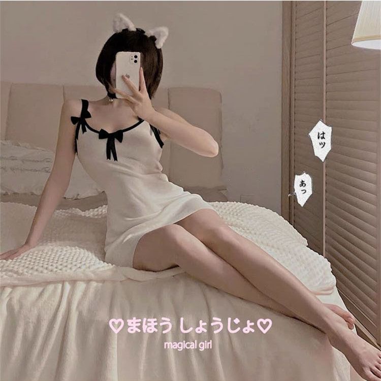 Bow Trim Spaghetti Dress Bodycon Mini Strap Contrast