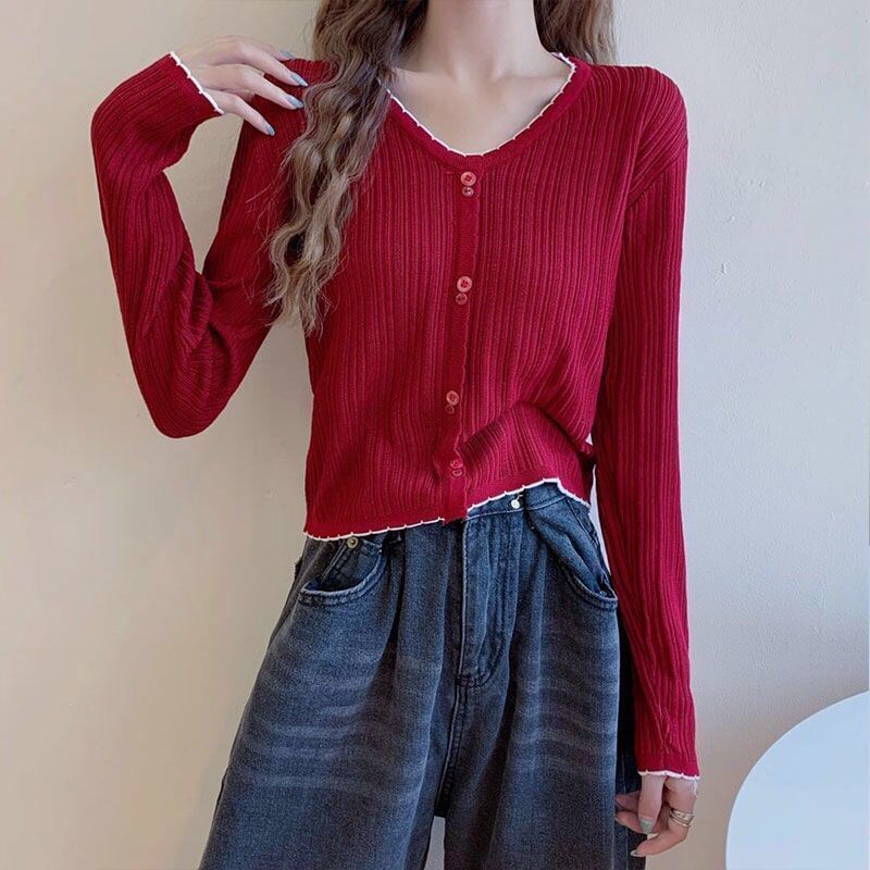 Top Crop Button Trim Contrast V-Neck Long-Sleeve Knit Ribbed