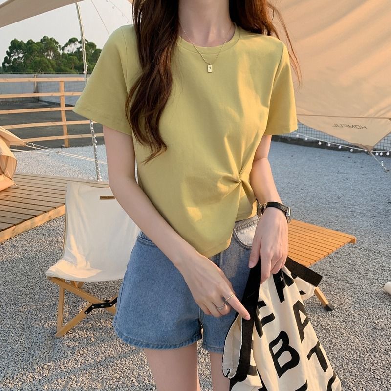 T-Shirt Crew Ruched Neck Crop Asymmetrical Plain Short-Sleeve