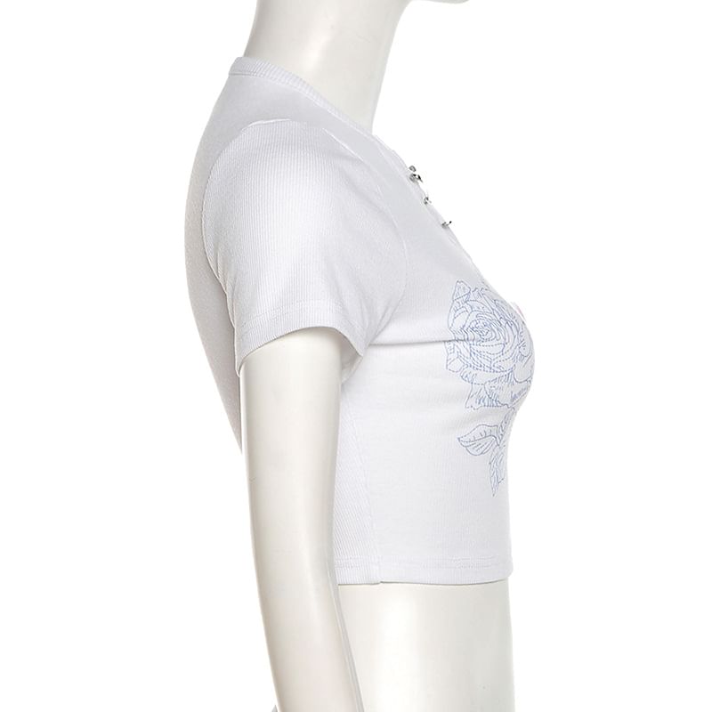 Print Safety Slim Accent Floral Ribbed Short-Sleeve Notch Neck Fit T-Shirt Crop Pin