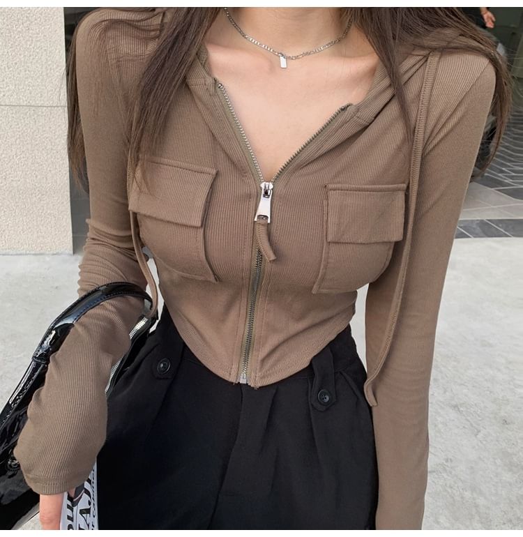 Plain Hoodie Zip-Up Crop Slim Fit