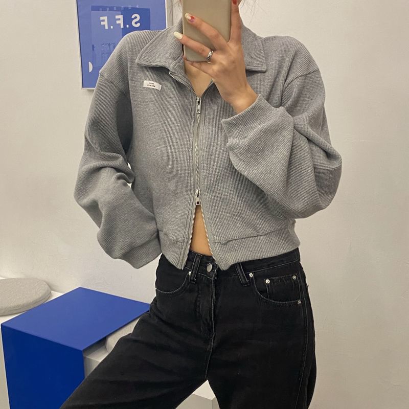 Waffle Plain Applique Zip-Up Jacket Crop Collared