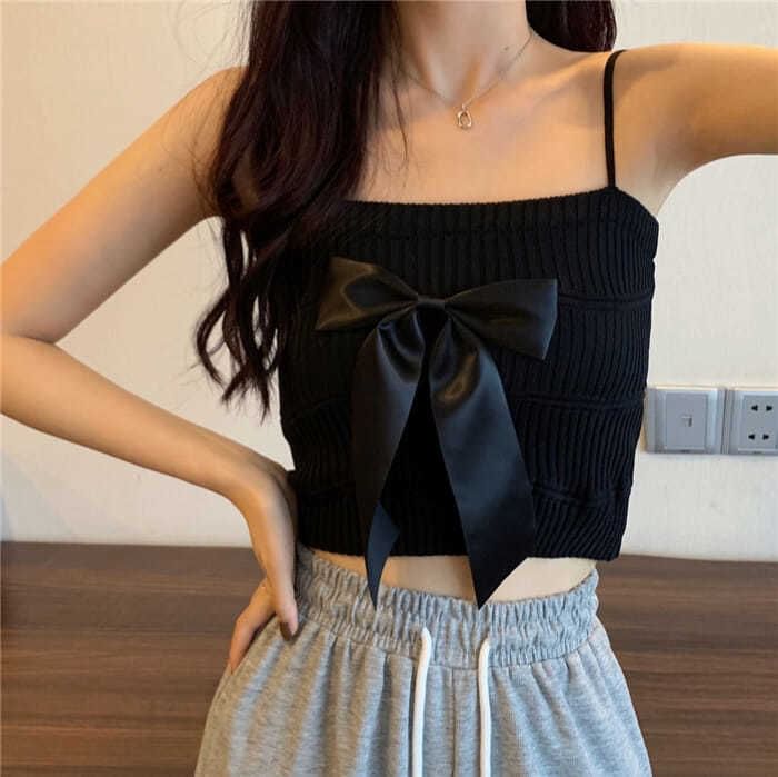 Ribbed Knit Bow Camisole Top Plain