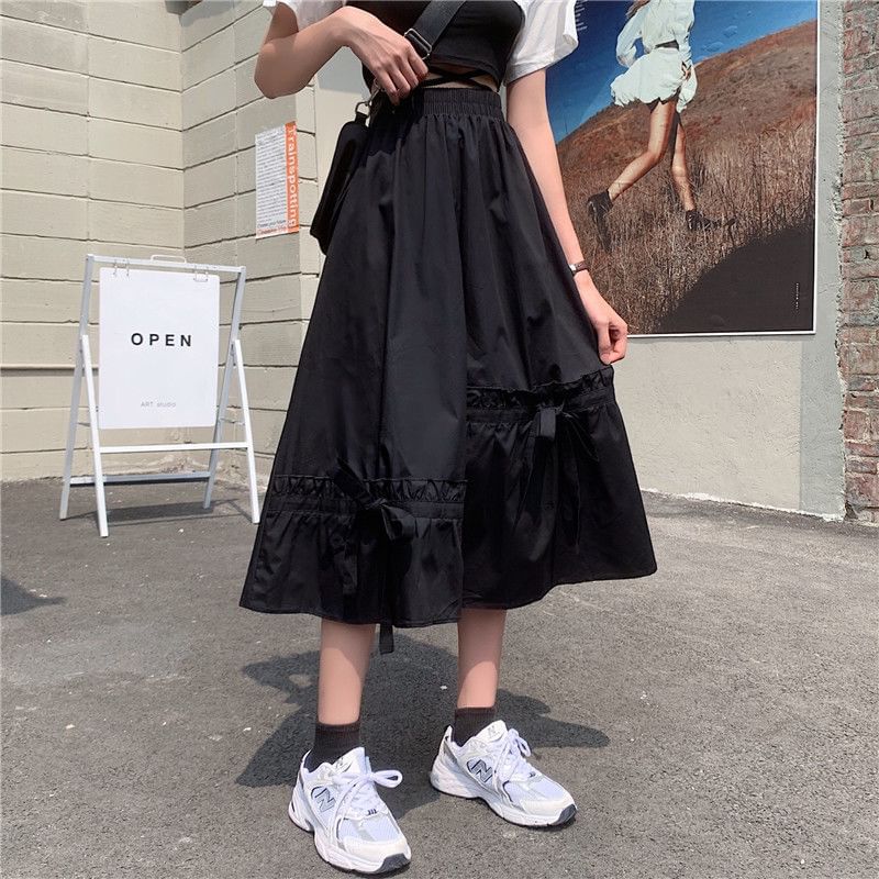 Midi Plain Waist Skirt Panel Elastic A-Line Bow