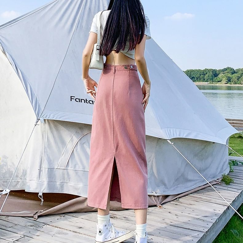 Denim Straight Skirt with Slit and High Waist