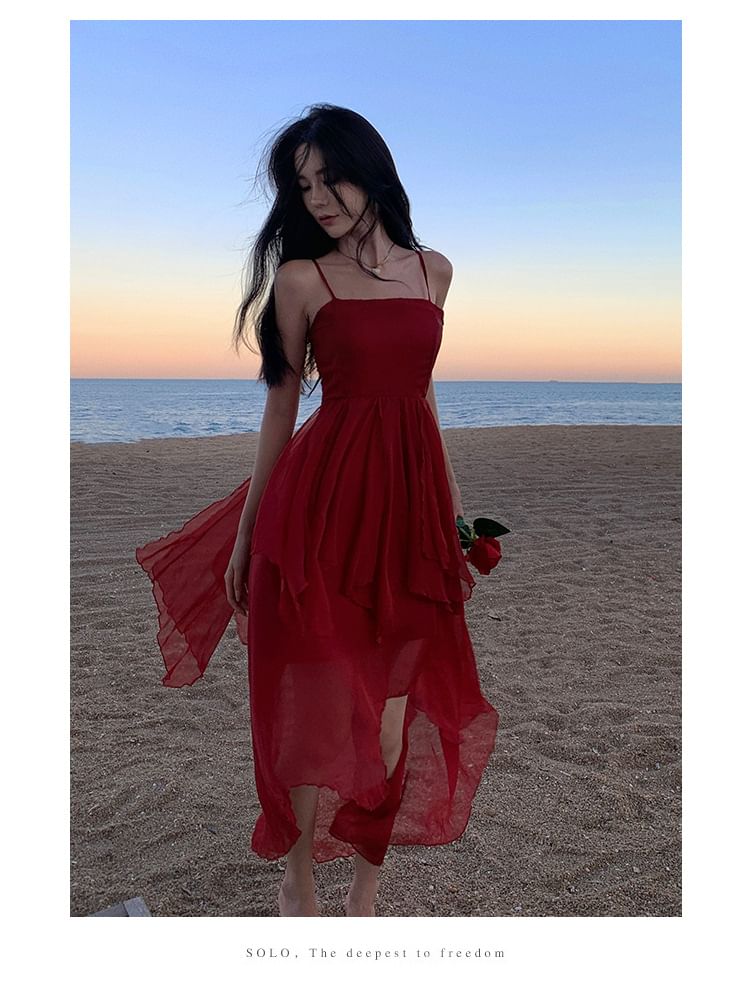 Sheer A-Line Strap Dress Asymmetrical Spaghetti