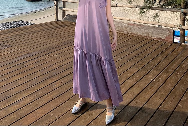 Crewneck A-Line Plain Maxi Sleeveless Dress