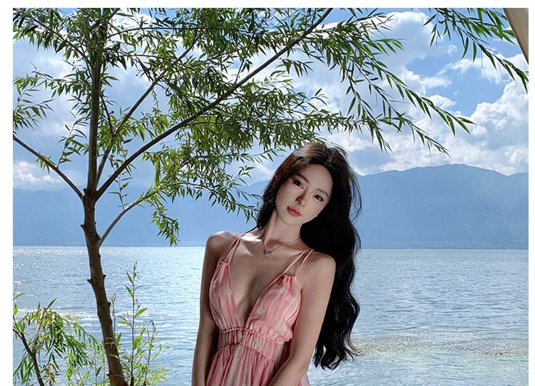 Floral Strap Dress Spaghetti Print Maxi V-Neck A-Line