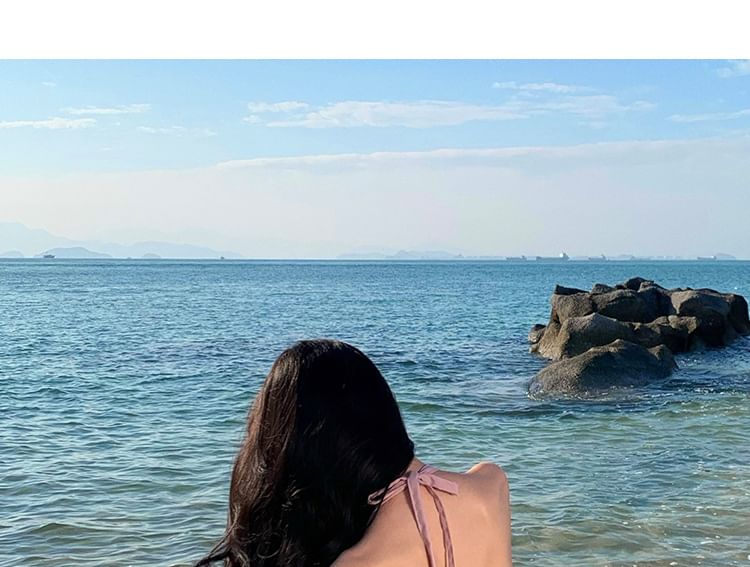 A-Line Neck Open Plain Dress Back Midi Halter