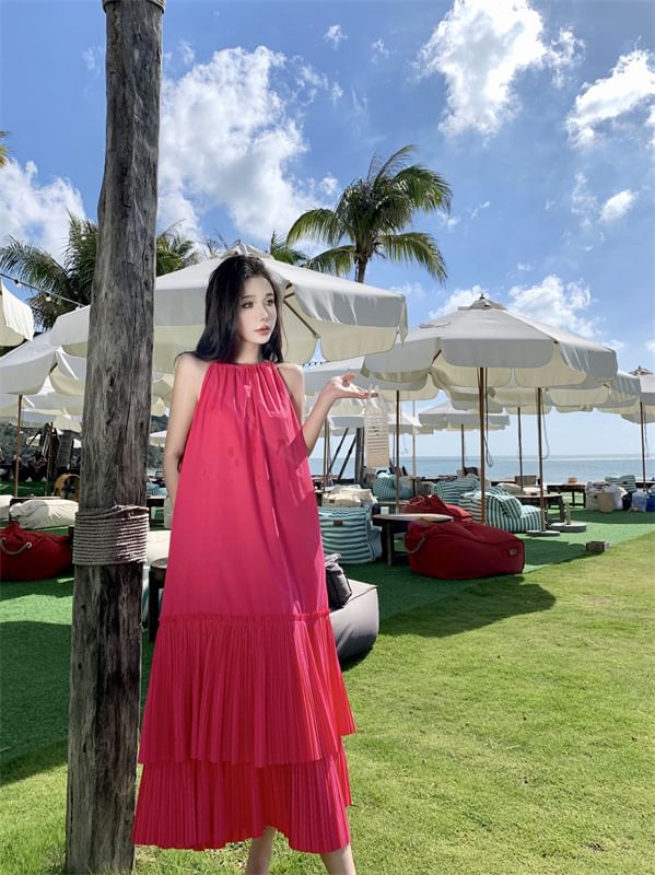 Dress Midi Tiered Sleeveless Plain