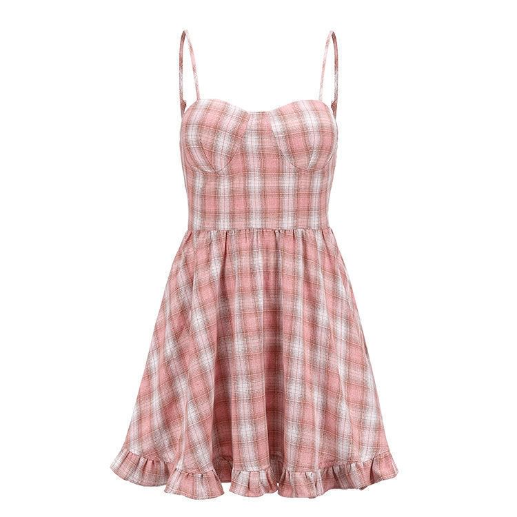 Mini Strap Dress Ruffle Plaid A-Line Spaghetti