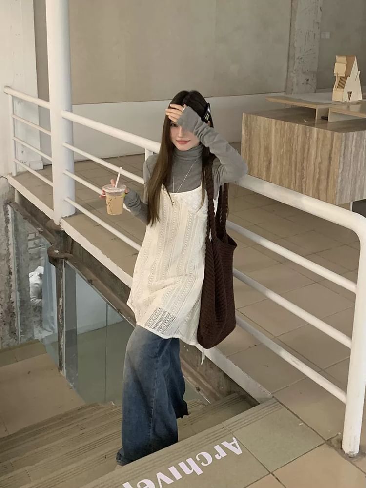High-Neck Long-Sleeve Tee / Spaghetti Strap Lace-Up Mini Jumper