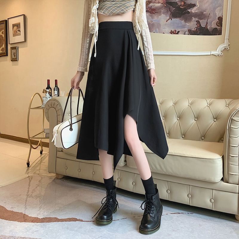 Elastic A-Line Asymmetrical Skirt Plain Midi Waist