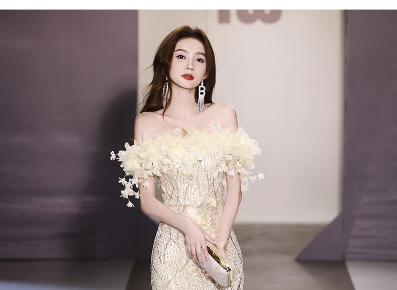 Mermaid Detail Evening Sequin Gown Flower Off-Shoulder