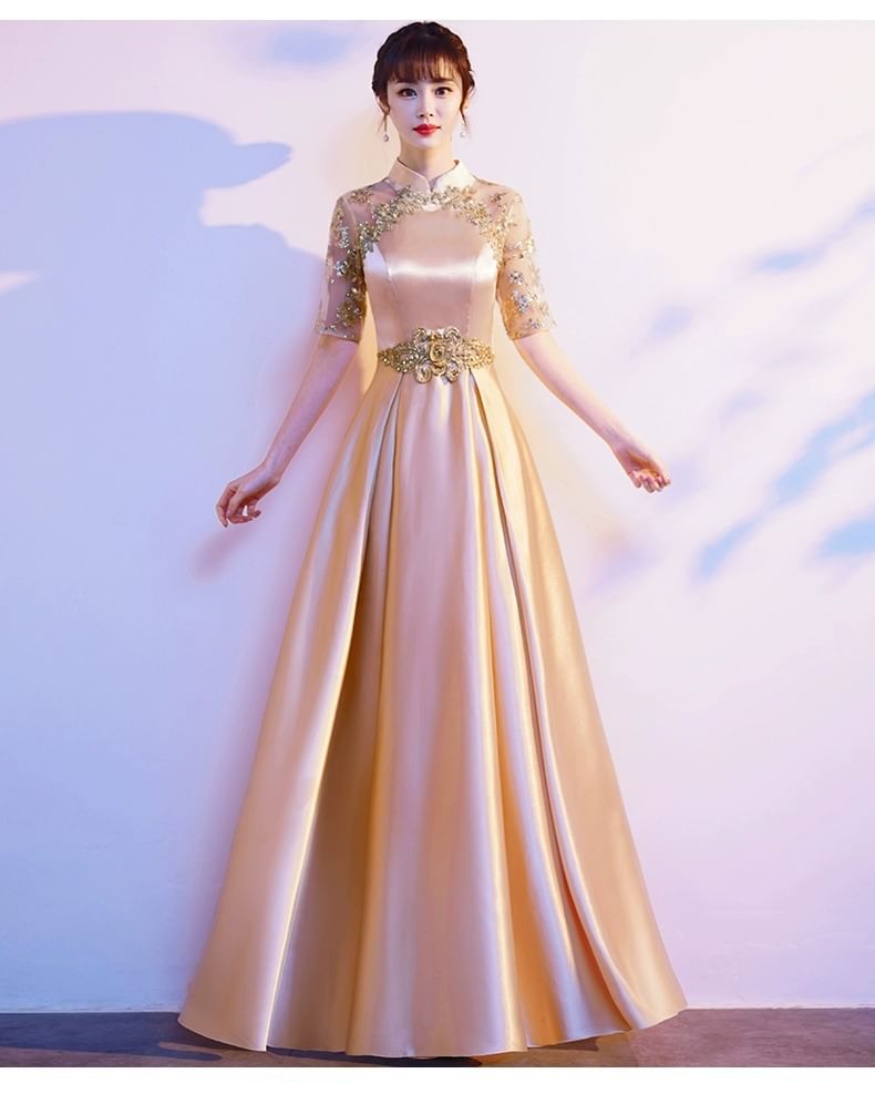 Sequin Short-Sleeve A-Line Gown Evening