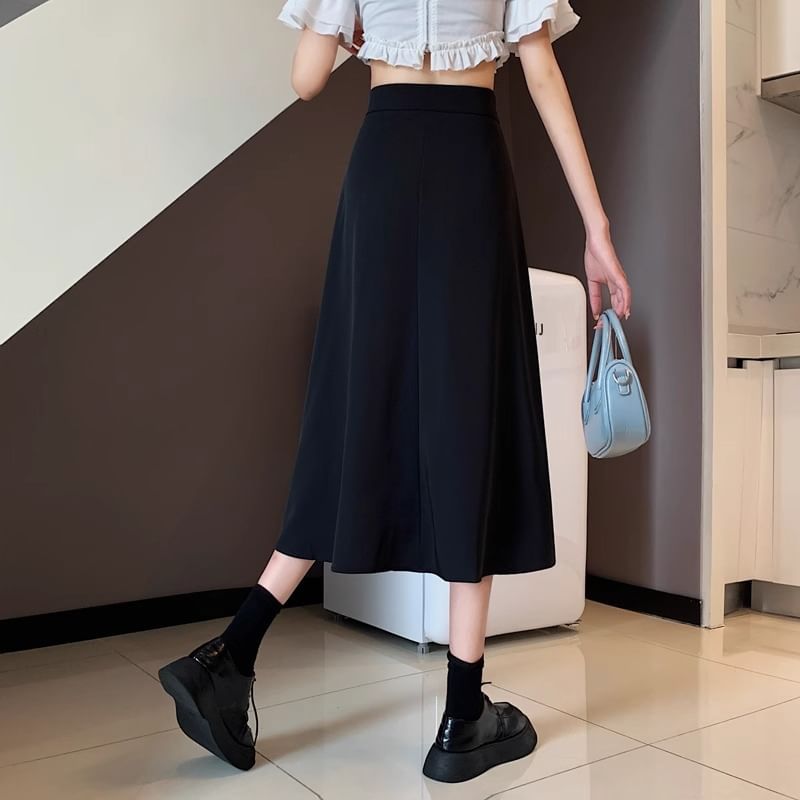 Asymmetrical Buckled A-Line Waist Plain Slit Elastic Midi Skirt