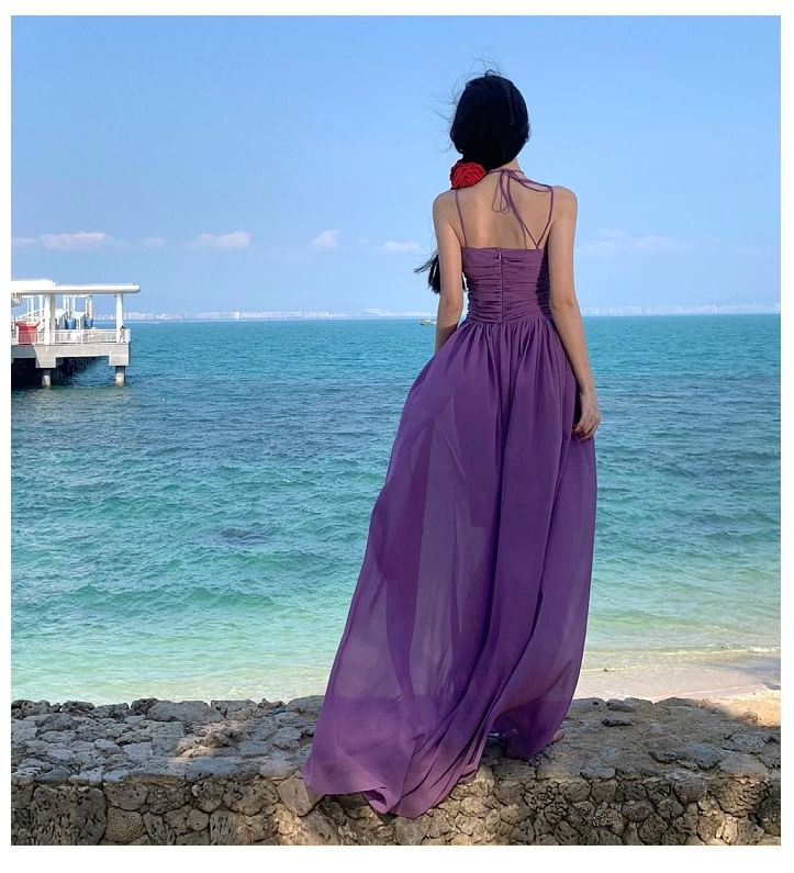 A-Line Maxi Neck Spaghetti Plain Dress Strap Scoop