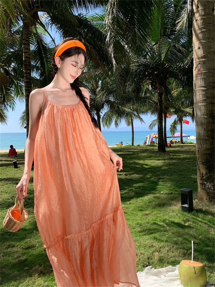 Maxi Strap Spaghetti Neck Scoop A-Line Plain Dress