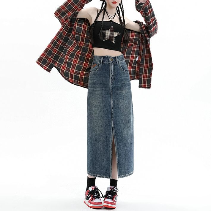 Midi Pencil Denim High Washed Rise Slit Skirt