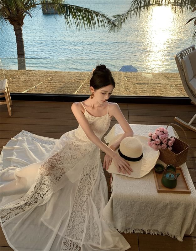 Lace Open Sundress Maxi Strap Spaghetti Back Panel Plain