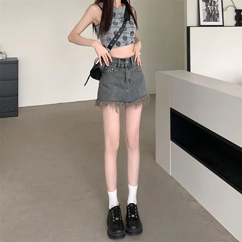 Hem Waist High Fringed Pencil Mini Denim Skirt