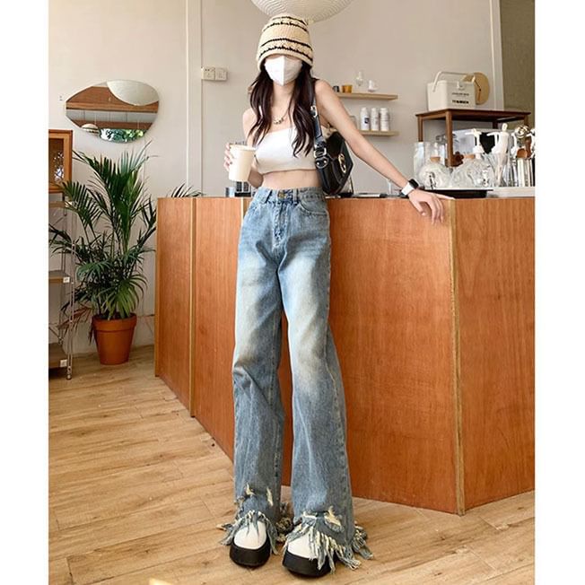 High Ripped Waist Leg Wide Jeans