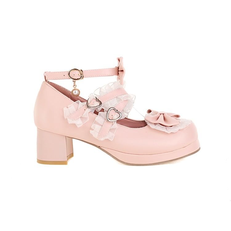 Strappy Platform Heel Pumps Bow Chunky Ruffle Mary Jane