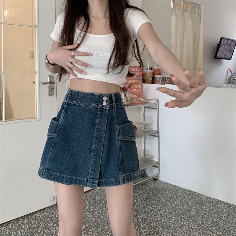 High Waist Asymmetrical Washed Denim Skort