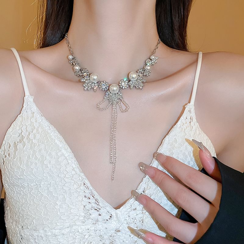 Drop Earring Rhinestone / Ribbon Necklace