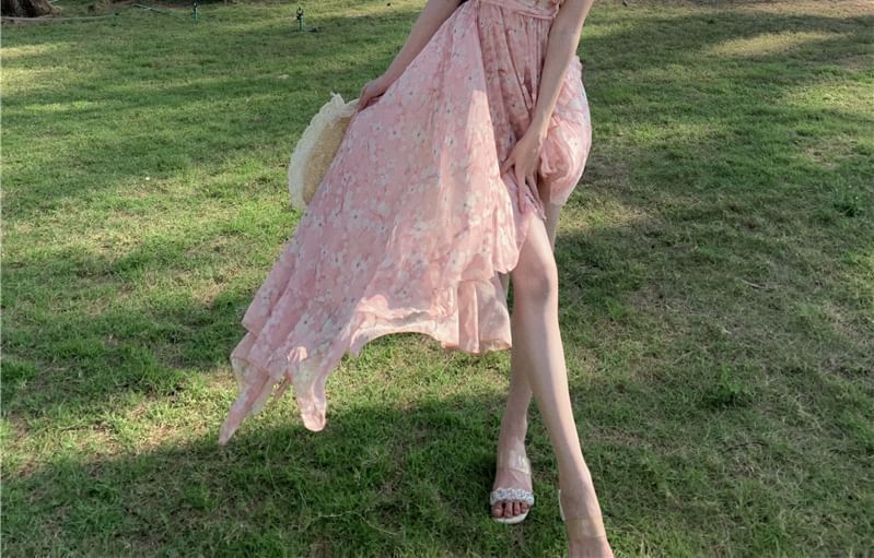 Halter Trim V-Neck Asymmetrical Ruched Print Floral A-Line Dress Open Ruffle Back