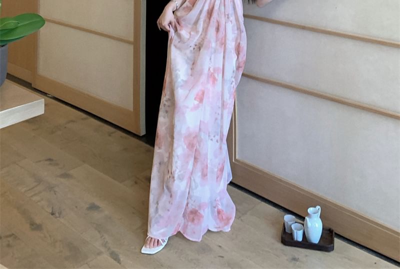 Strap V-Neck Dress A-Line Print Floral Maxi Spaghetti Ruched