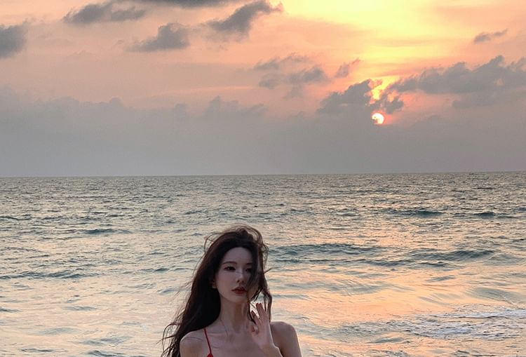 Trim Ruffle Strap Open Dress A-Line Plain Spaghetti Back V-Neck Plunge Maxi Slit